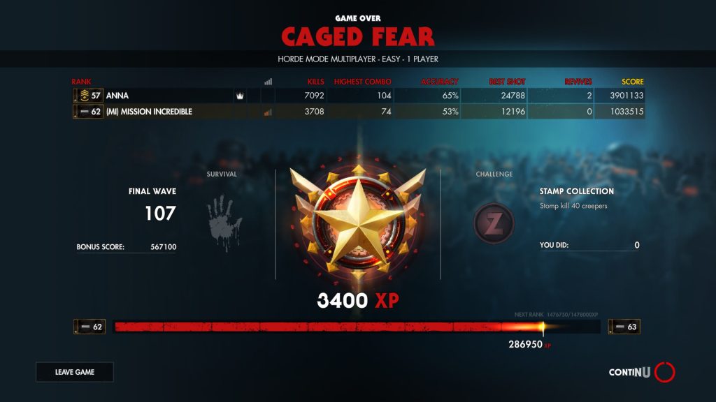 Score menu of the 107 waves completed on Zombie Army 4: Dead War, Horde Mode - Caged Fear